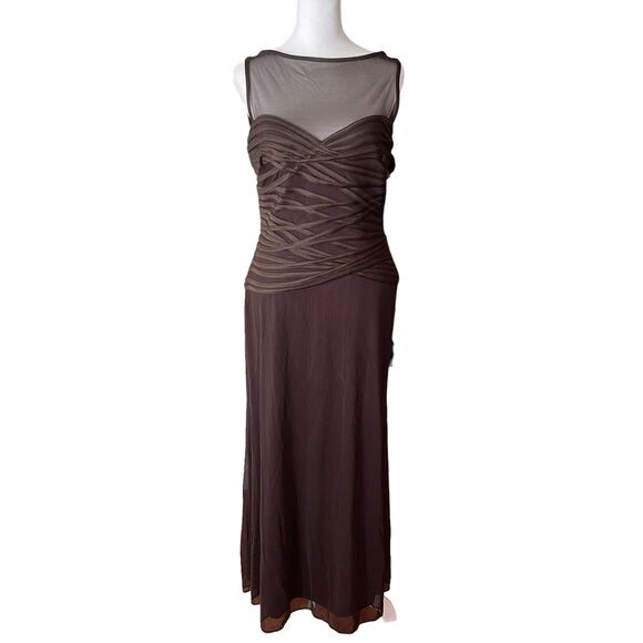 Tadashi 8 Gown Long Dress Dark Brown Sleeveless Mesh Neckline Formal VTG - Picture 1 of 11